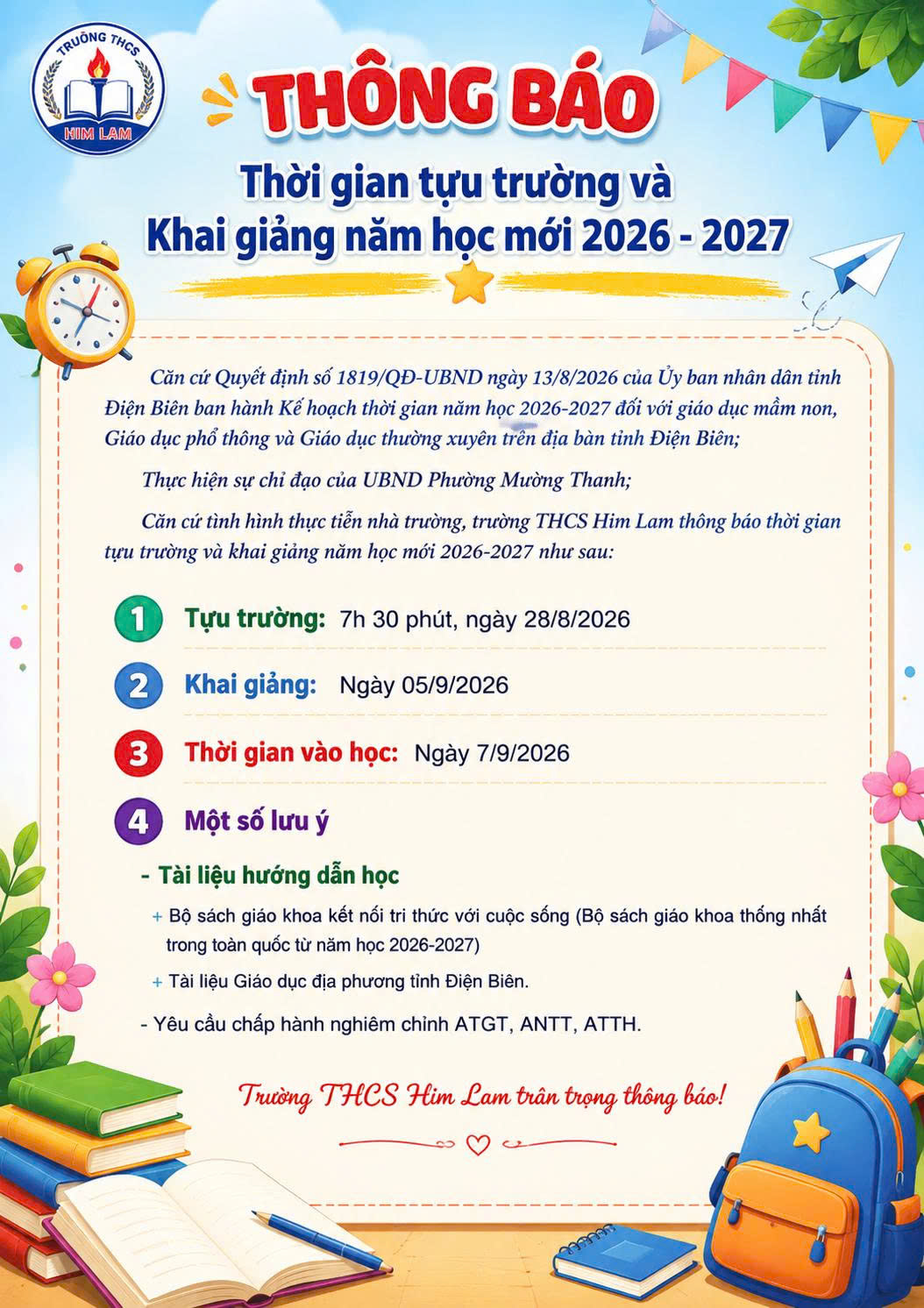 Thông báo thời gian tựu trường và khai giảng năm học mới